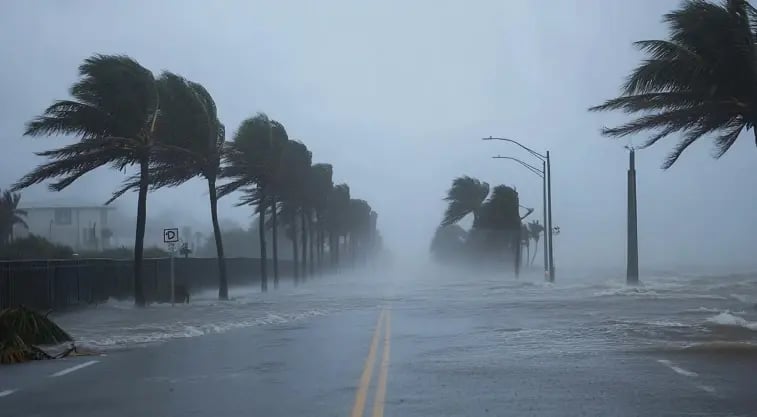 Photo of palm tress blowing in the wind and heavy rain during Hurricane Milton.